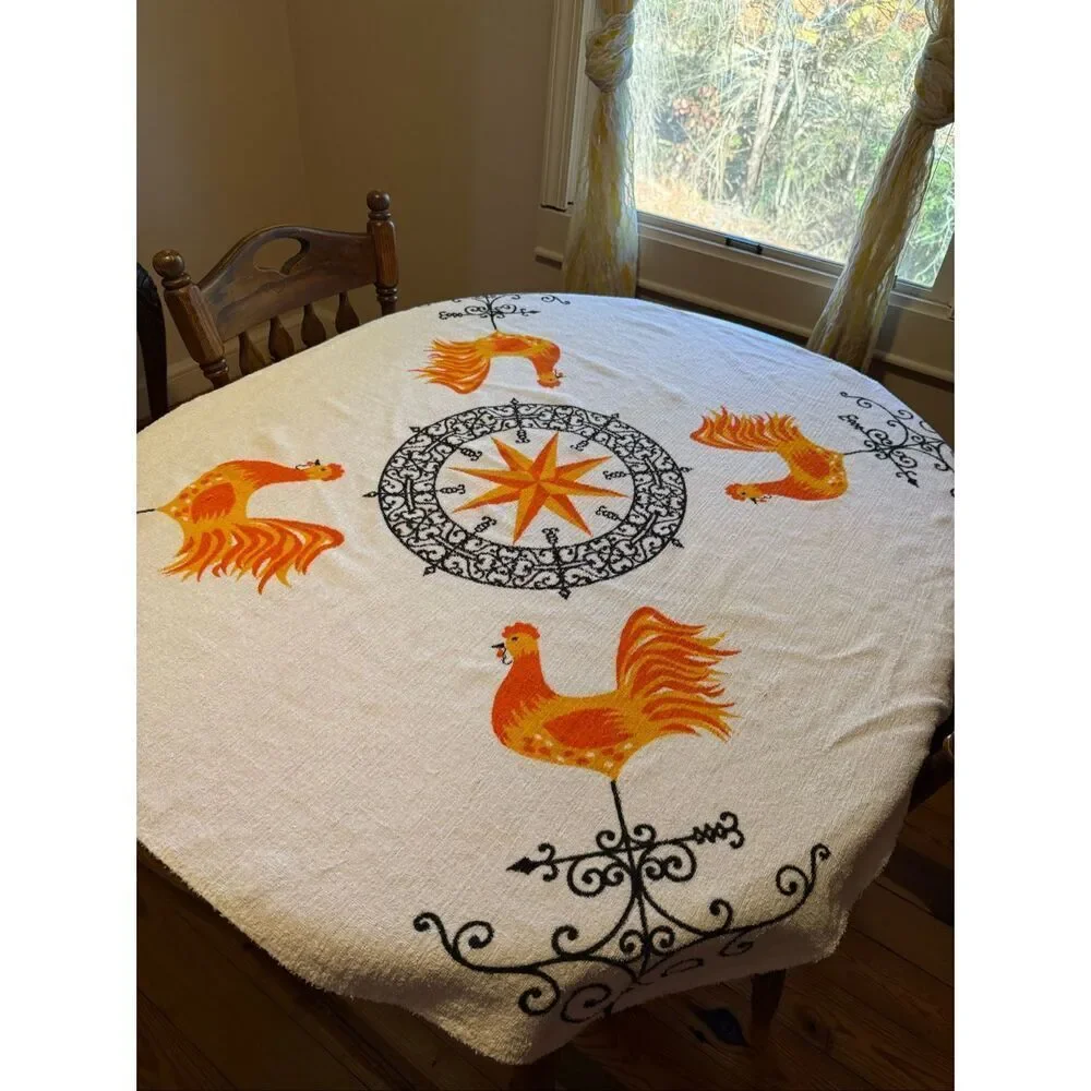Vintage Terrycloth Chicken Rooster Tablecloth MCM Mod READ